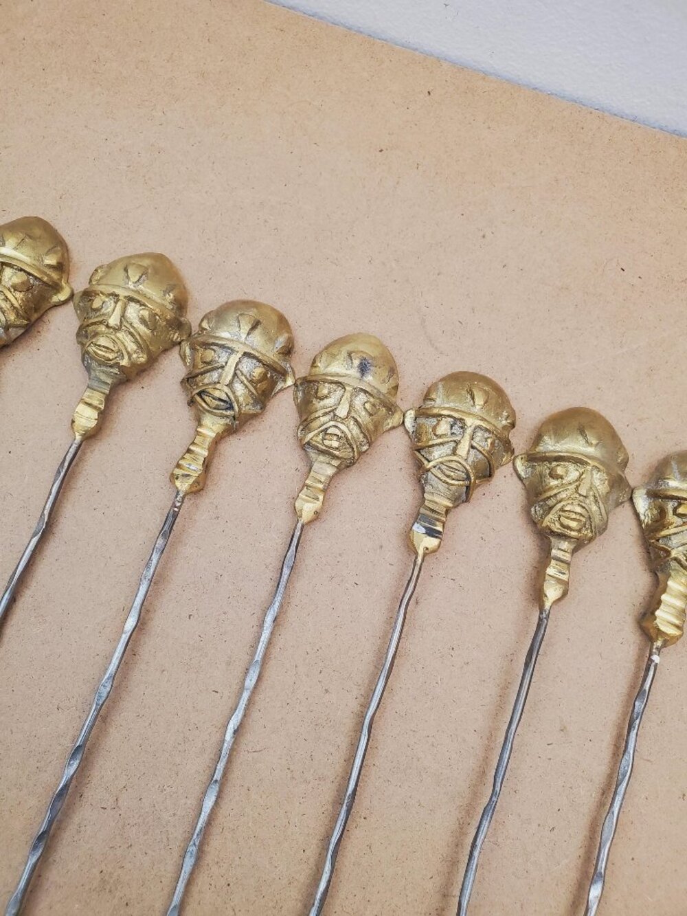 Vintage Skewers Set of 10 /Stainless Steel and Brass Shish Kebab Skewers/african